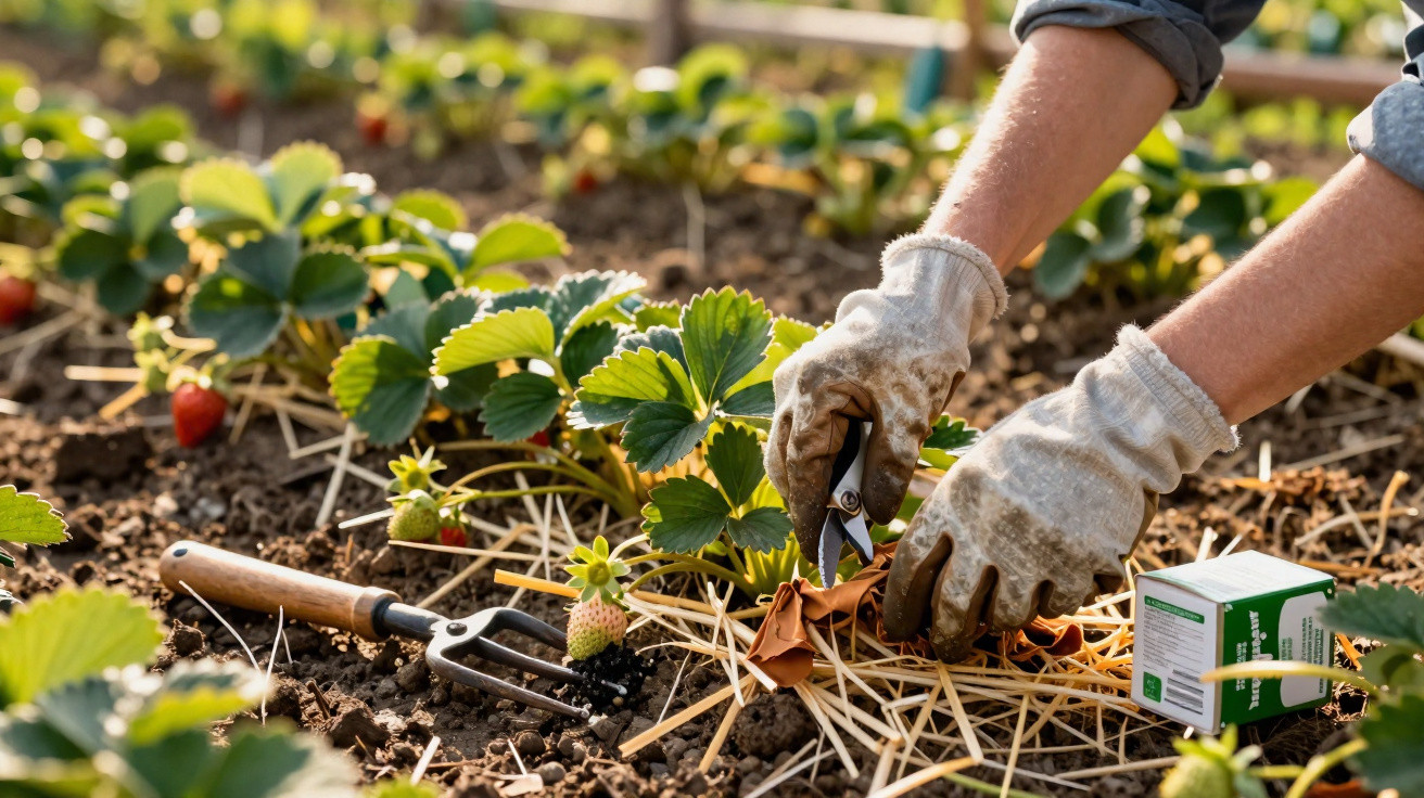 Hands wearing gloves pruning strawberry plants in a garden with gardening tools and straw mulch visible.