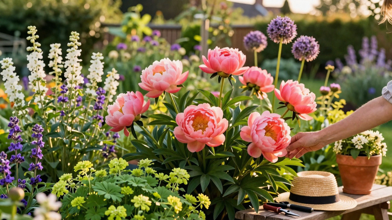 Hand reaching to touch pink peony flowers in a vibrant garden with gardening tools and hat on bench.