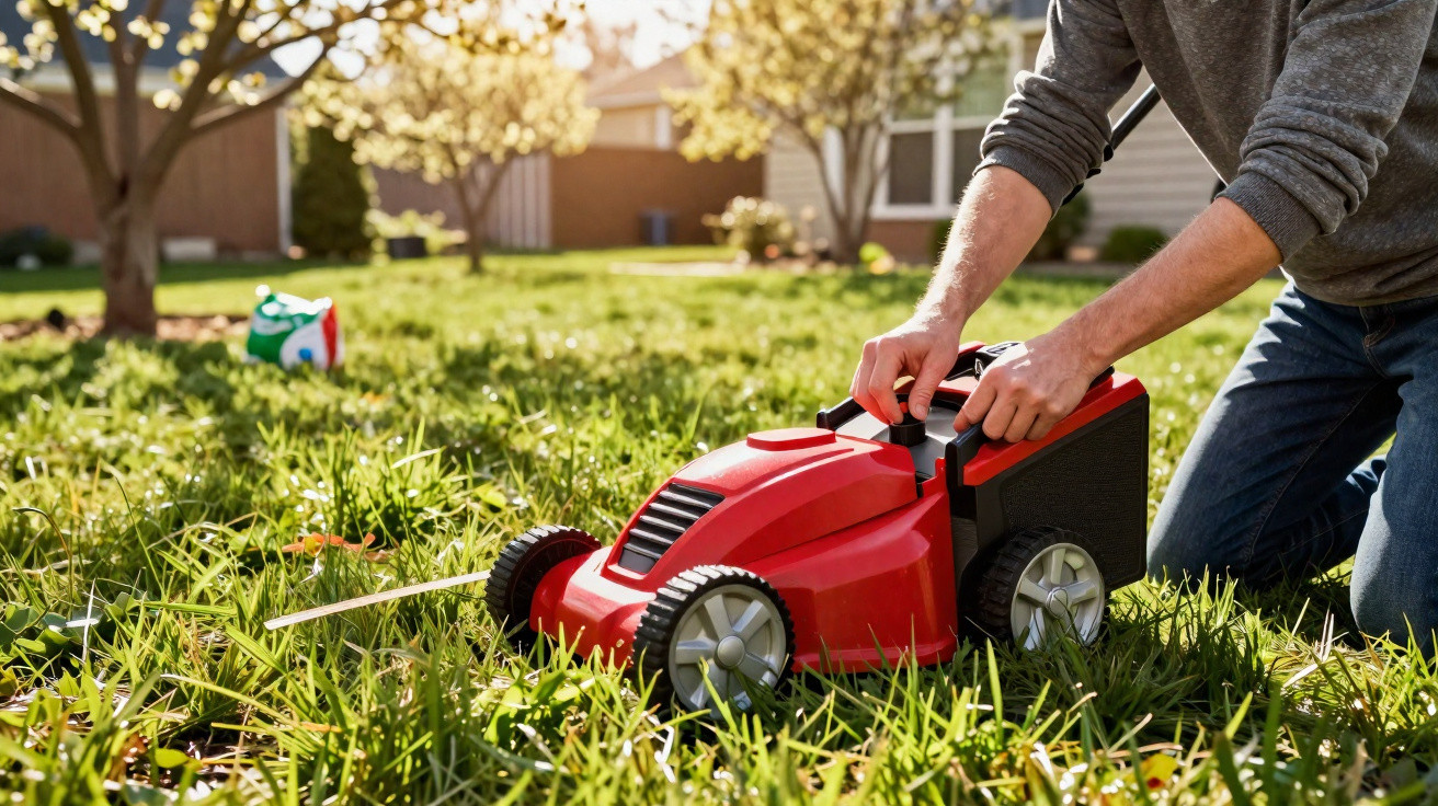Person kneeling on grass adjusting a red lawn mower in a sunny garden with trees and a house in the background.