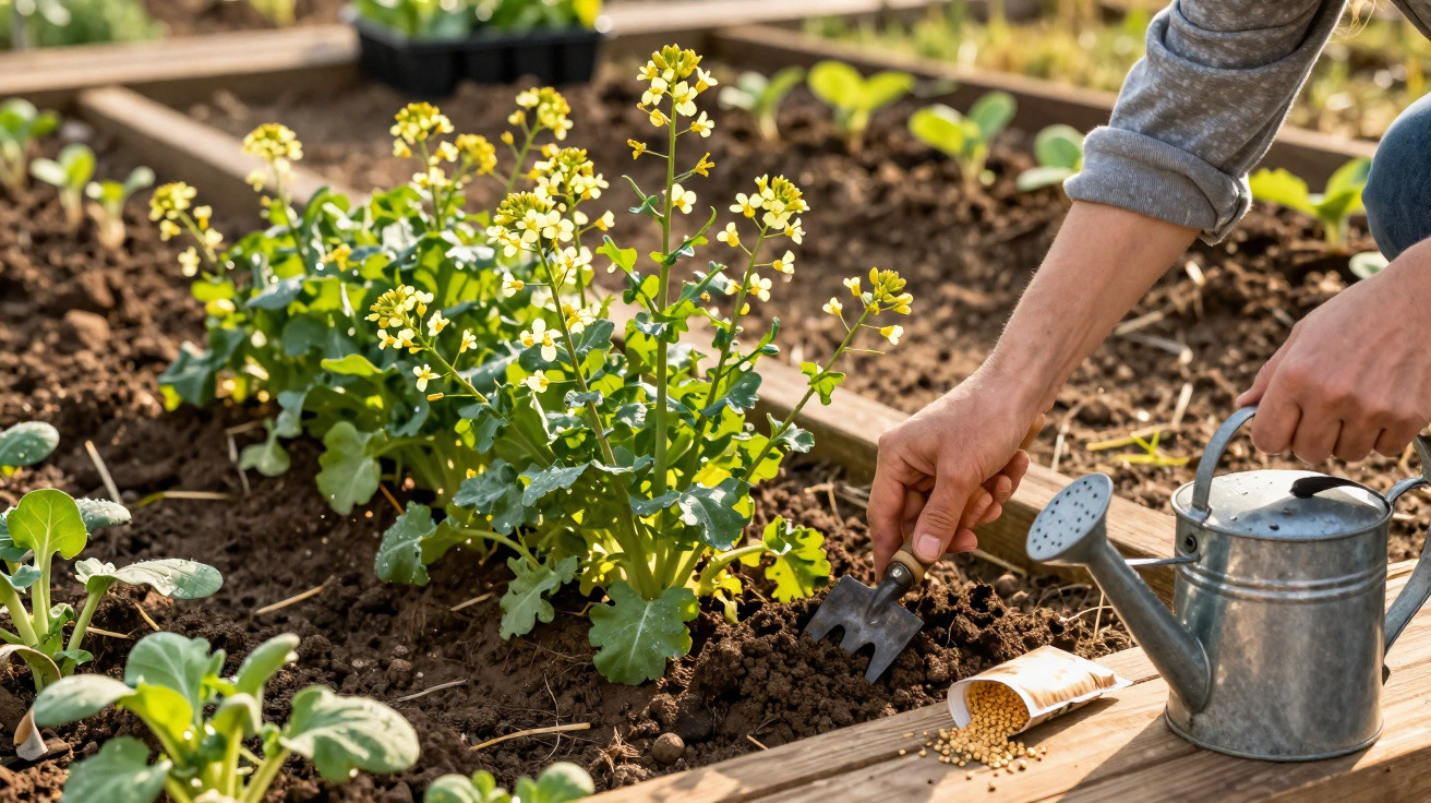 Person gardening with a watering can and hand rake near green plants with small yellow flowers in raised soil beds.