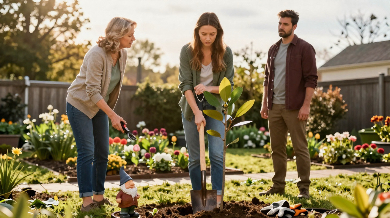 Three adults planting a young tree in a sunny, flower-filled garden with gardening tools nearby.