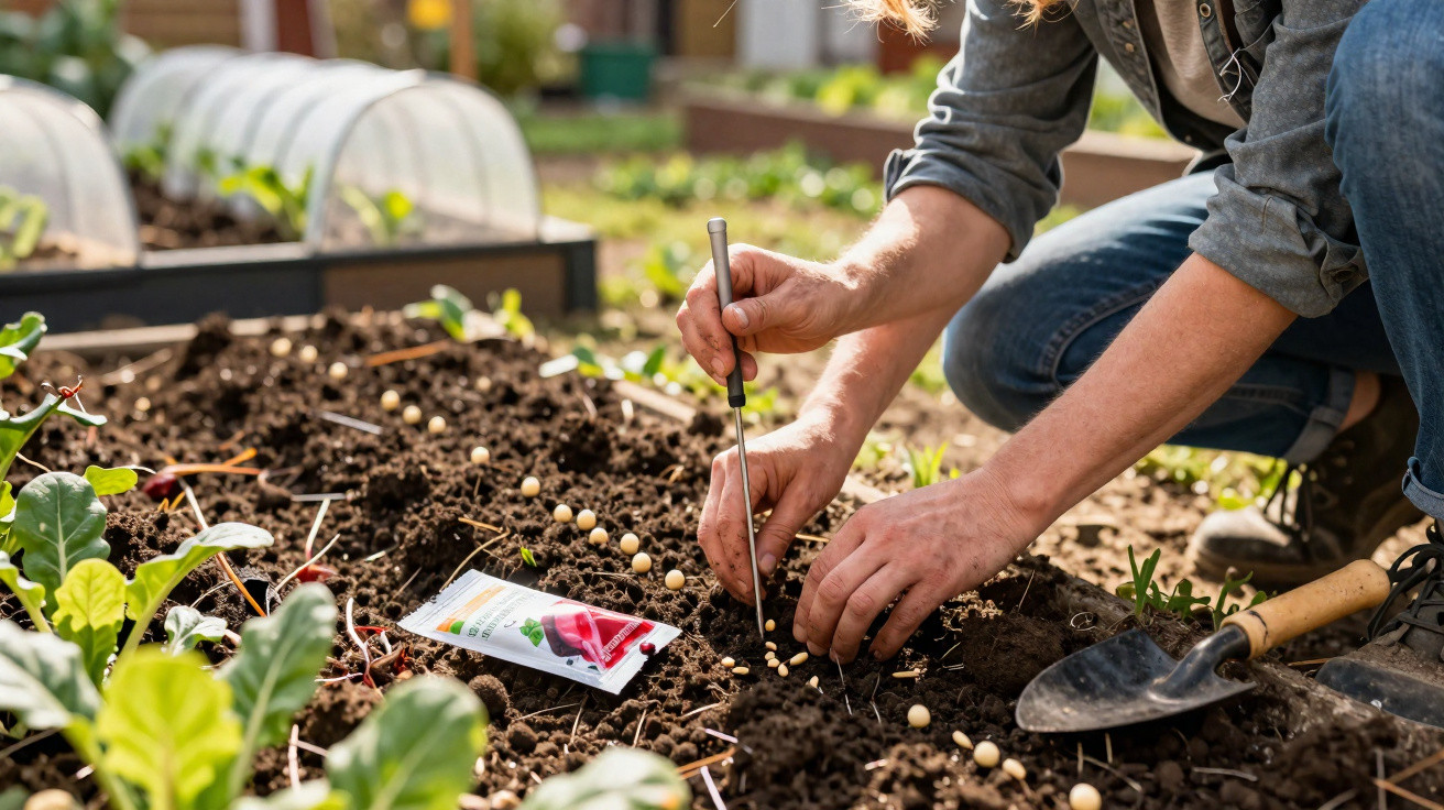Person planting seeds with a dibber in a garden bed, surrounded by young plants and gardening tools.