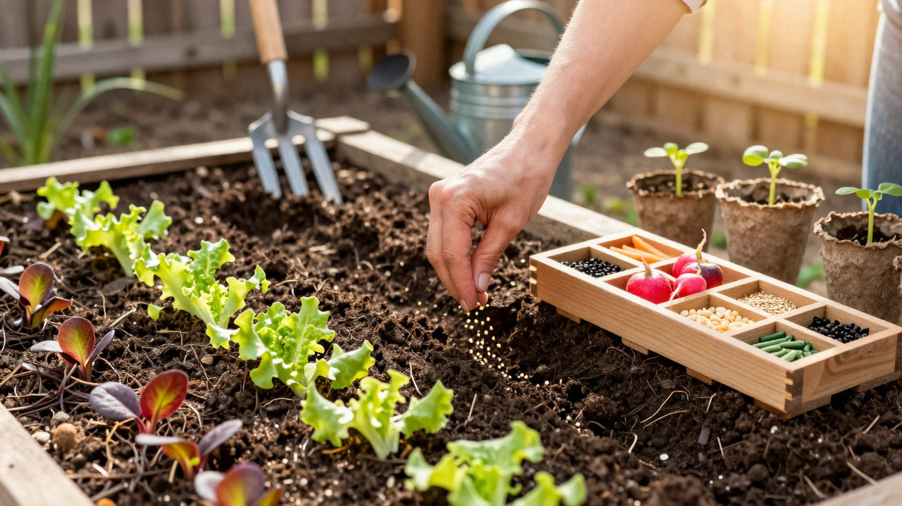 Hand sowing seeds in soil of raised garden bed with seedlings, seeds tray, and garden tools nearby.
