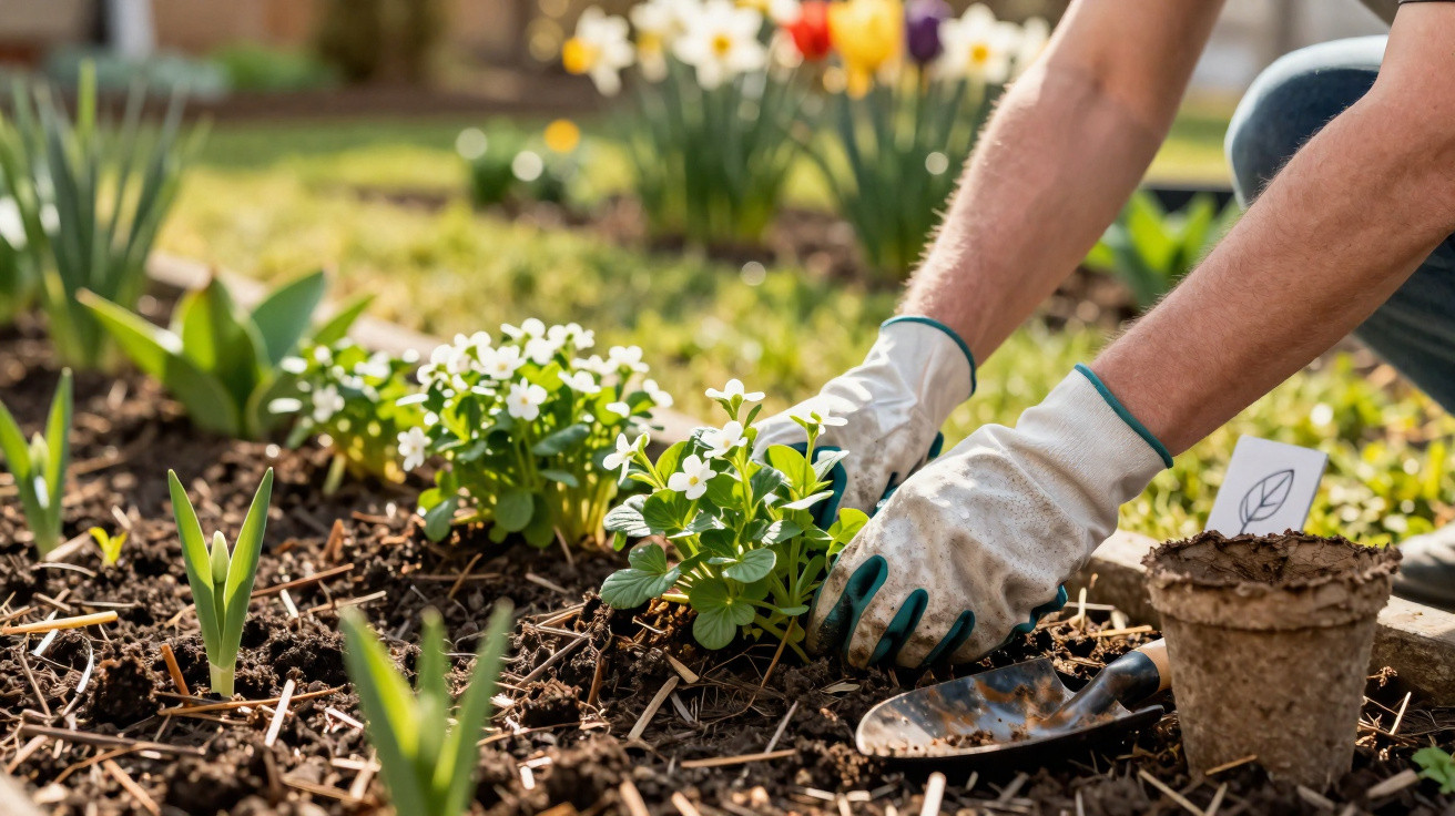 Person wearing gloves planting white flowering plants in a garden bed on a sunny day