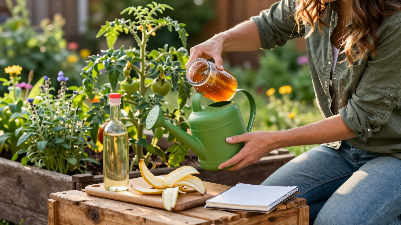 Person pouring liquid from a jar into a green watering can beside a garden with plants and flowers.