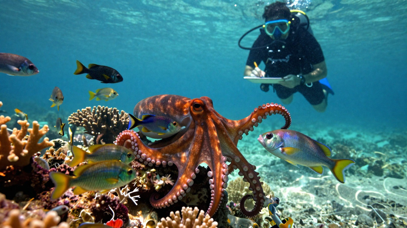 Diver observing and documenting an octopus and colourful fish among coral reefs underwater.