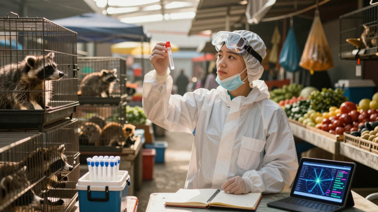 Scientist in protective gear examining test tube near caged raccoons in a market with a laptop and notebook.