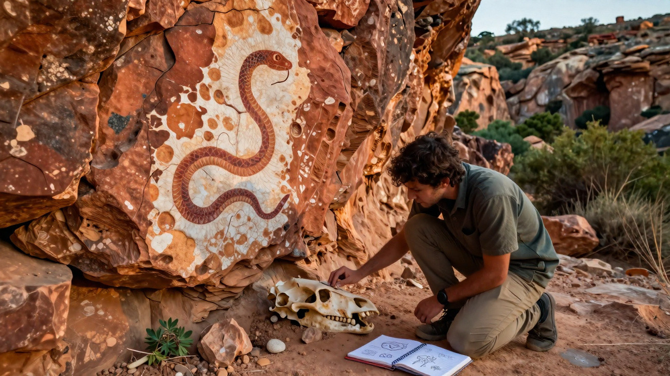 Researcher examining a large rock painting of a snake near an animal skull in a rocky outdoor setting.