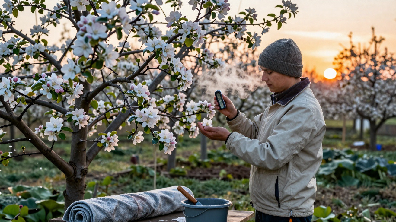 Man wearing a beanie and jacket testing soil or plants in a blossoming orchard at sunset.