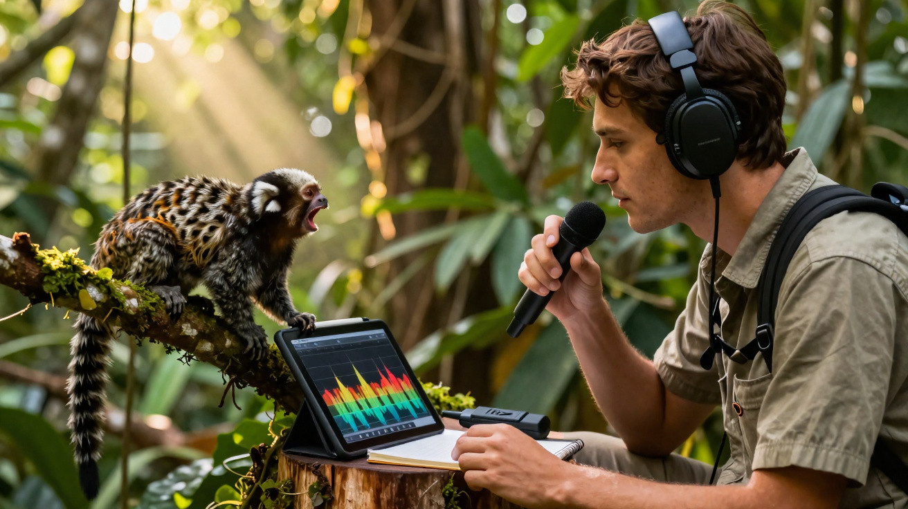 Man wearing headphones records sounds from a small monkey in a dense forest using a microphone and tablet.
