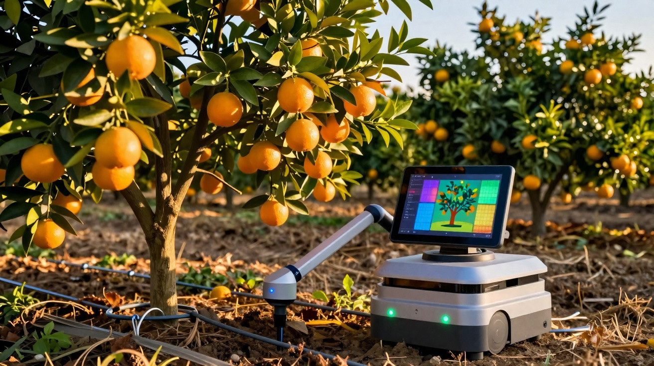 Agriculture robot with screen analysing orange trees in an orchard during daytime.