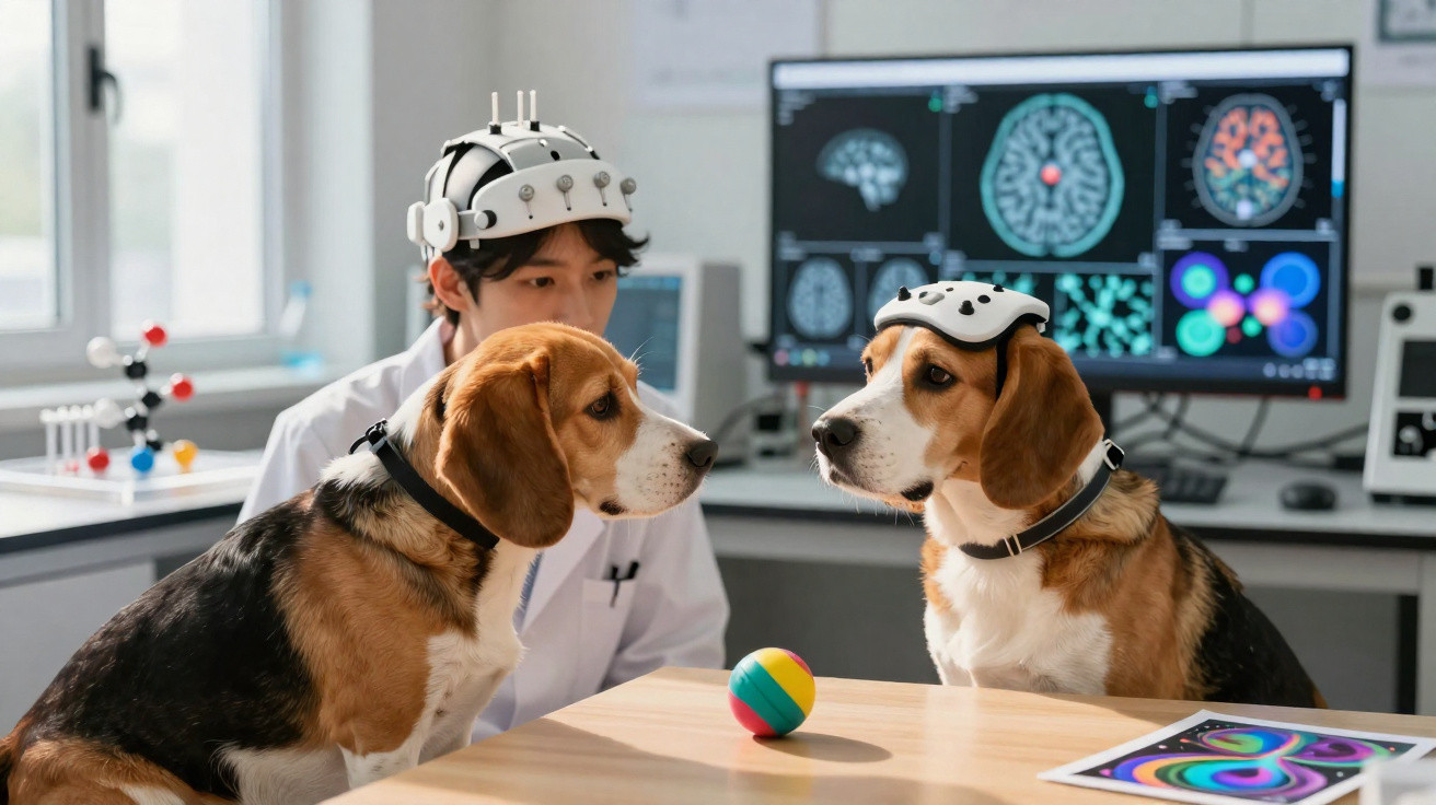Scientist wearing EEG cap monitors two beagles also wearing EEG caps during brain research in a lab.