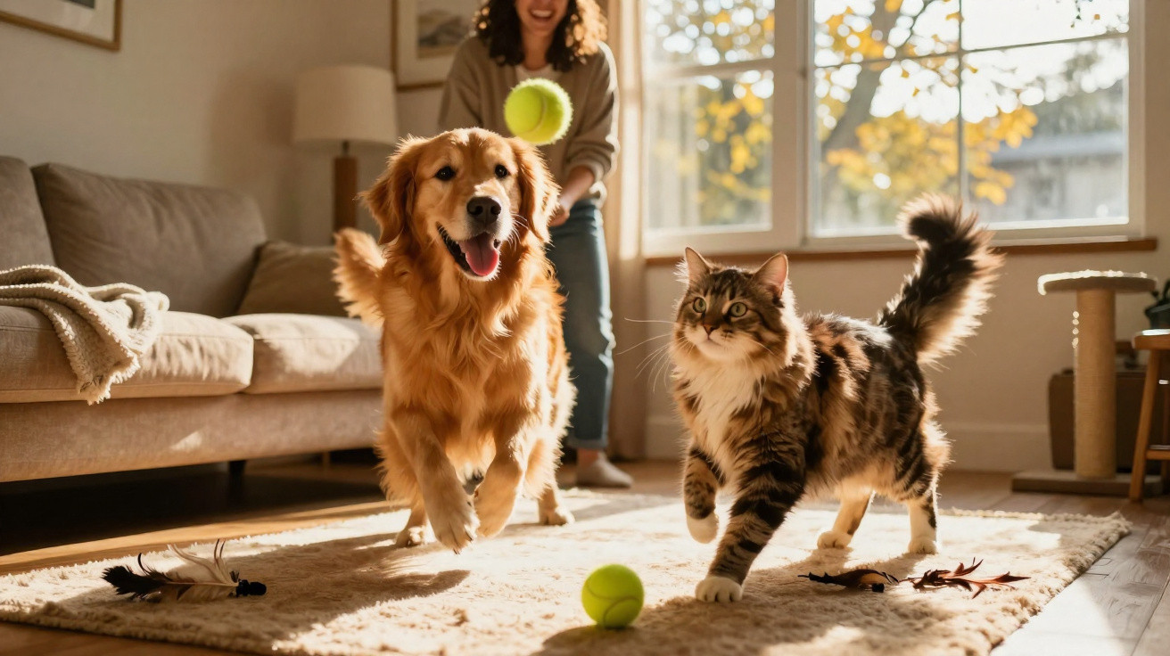 Golden retriever and tabby cat playing with tennis balls in a sunlit living room with a smiling person.