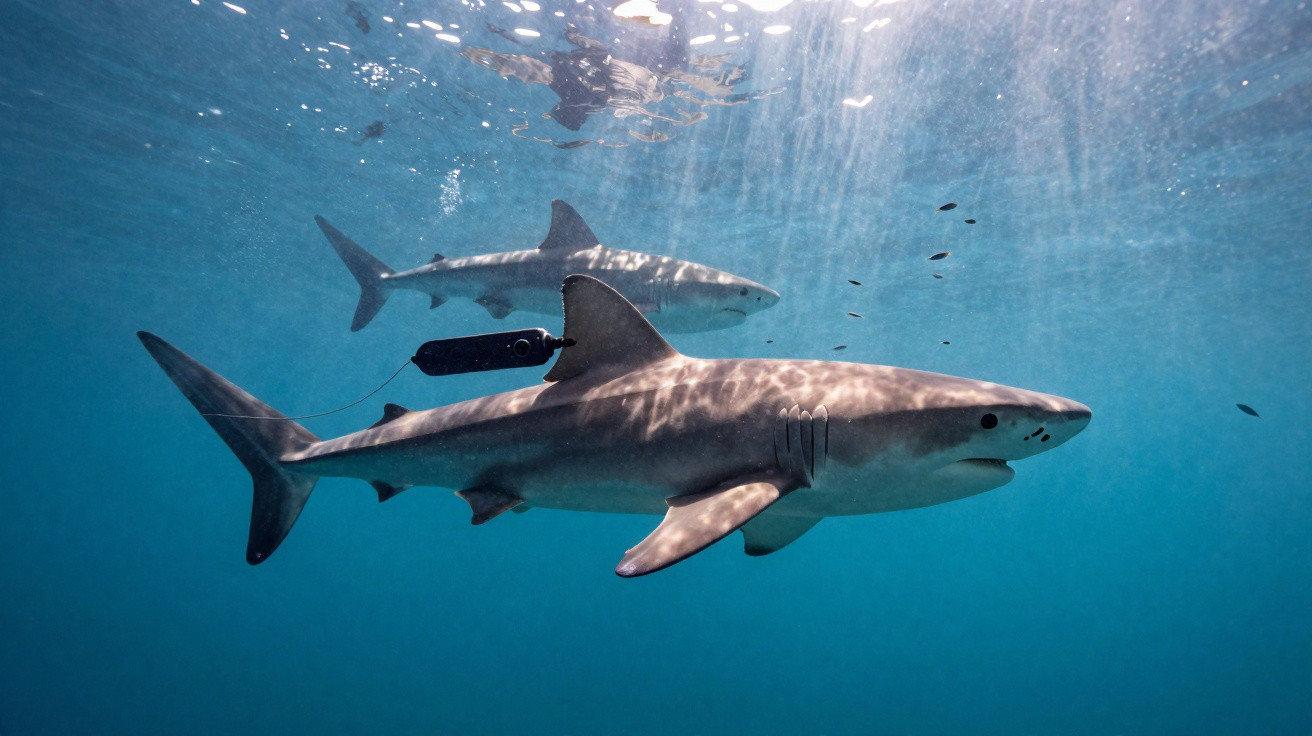 Two sharks swimming underwater, one tagged with a tracking device on its dorsal fin.