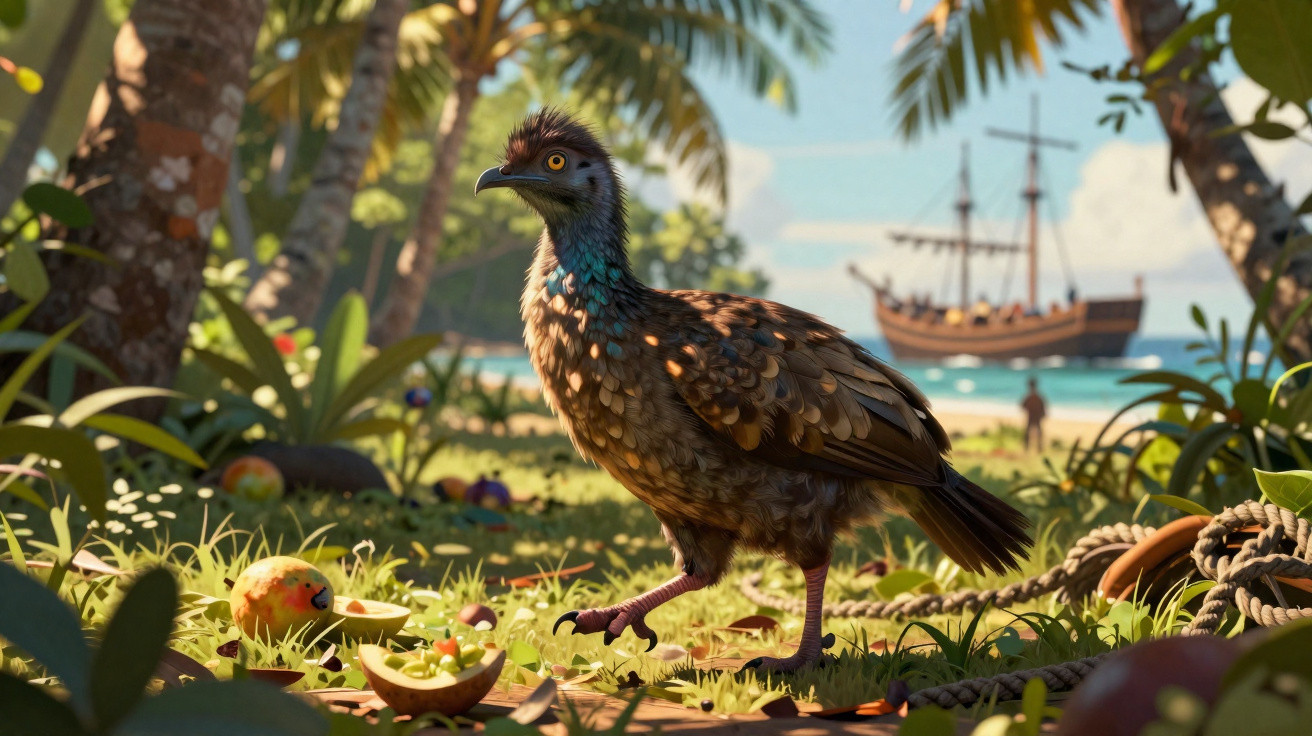 A detailed animated bird walking on a tropical island with a ship and palm trees in the background.