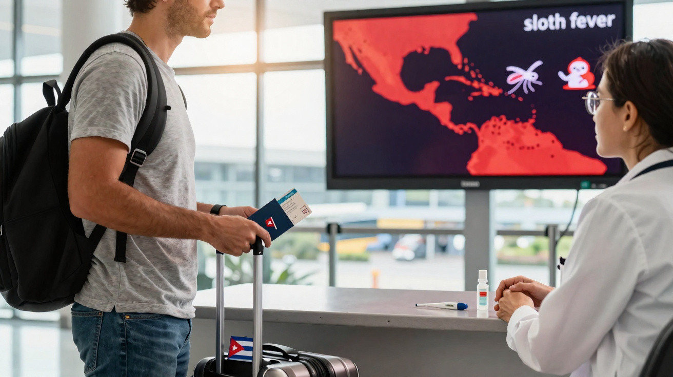 Man at airport desk showing passport and ticket to health official amid sloth fever warning on screen.