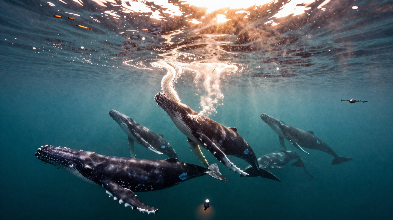 Underwater image of five humpback whales swimming near the surface with sunlight filtering through the water.
