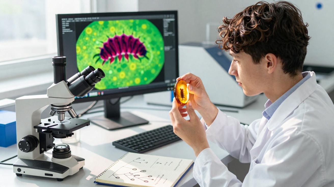 Scientist in lab coat examining insect specimen with microscope and digital screen showing magnified image in lab.