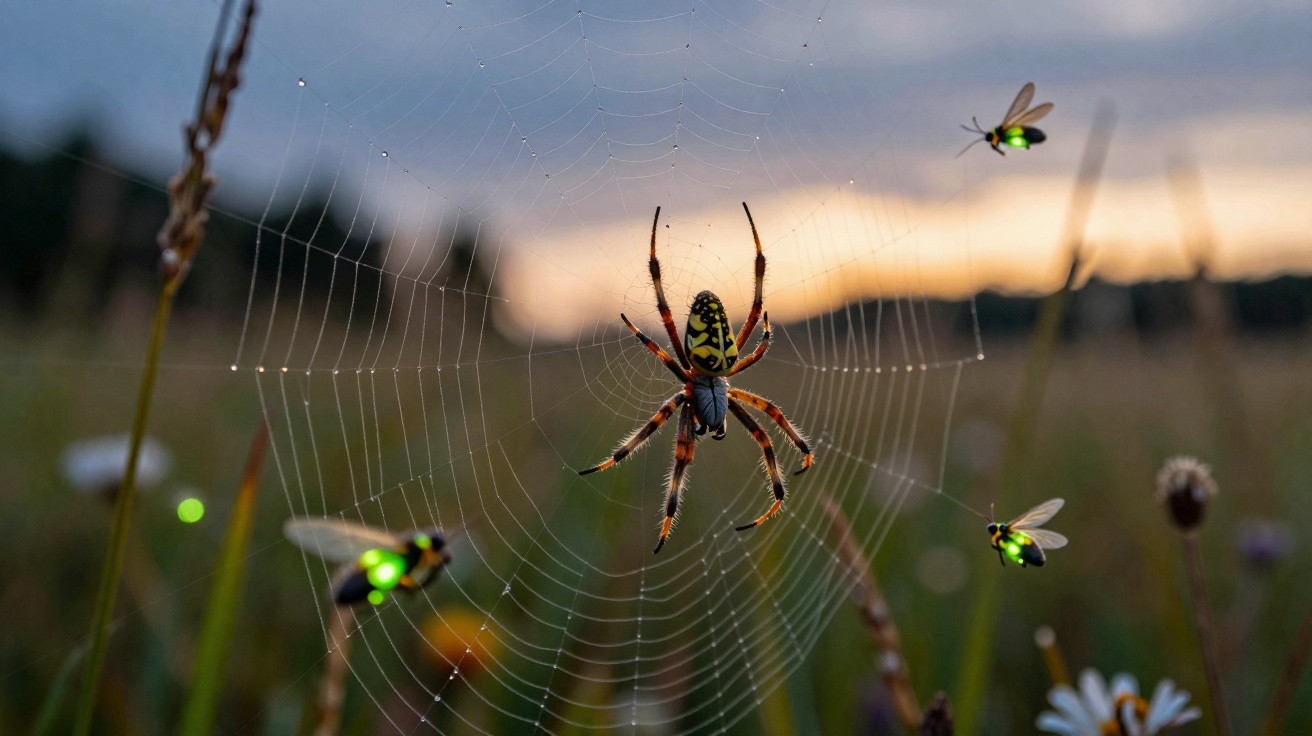 Yellow and black spider on a web with glowing fireflies flying around at dusk in a meadow.