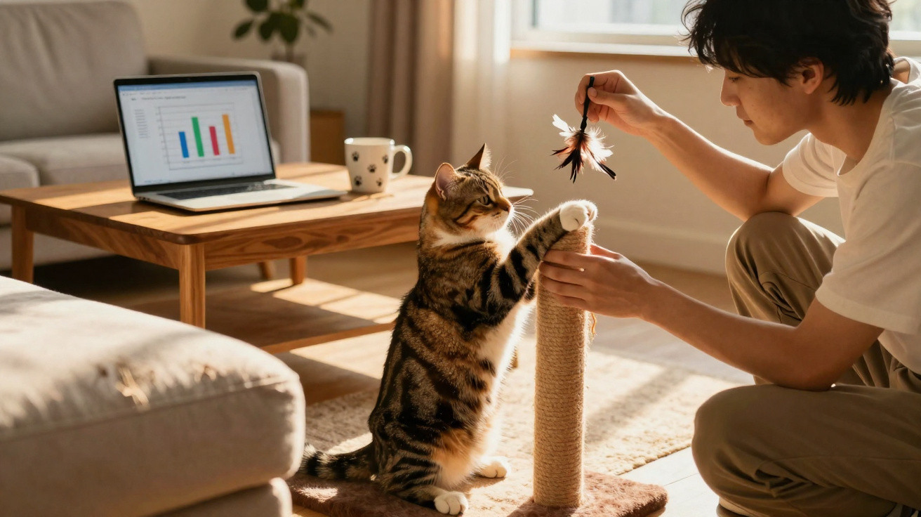Person playing with a tabby cat using a feather toy by a scratching post in a sunlit living room.