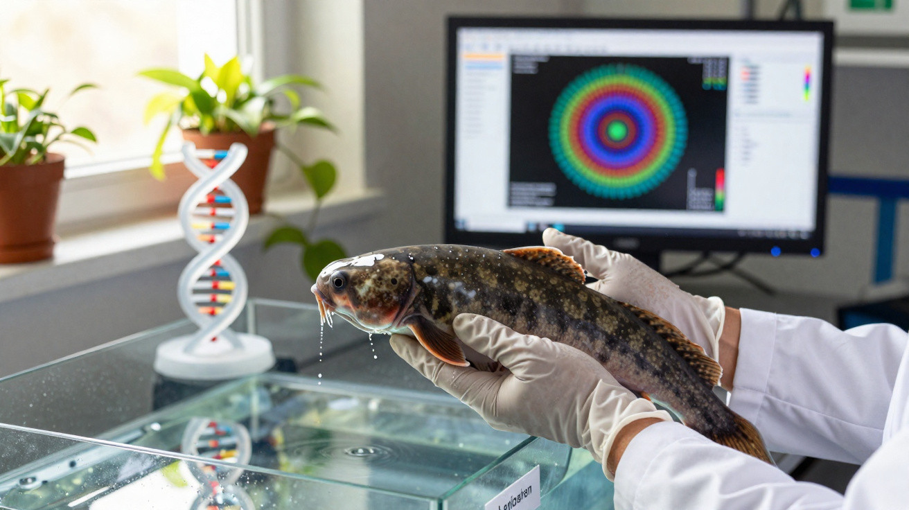 Scientist wearing gloves holding a fish over a water tank with a DNA model and computer screen in the background.