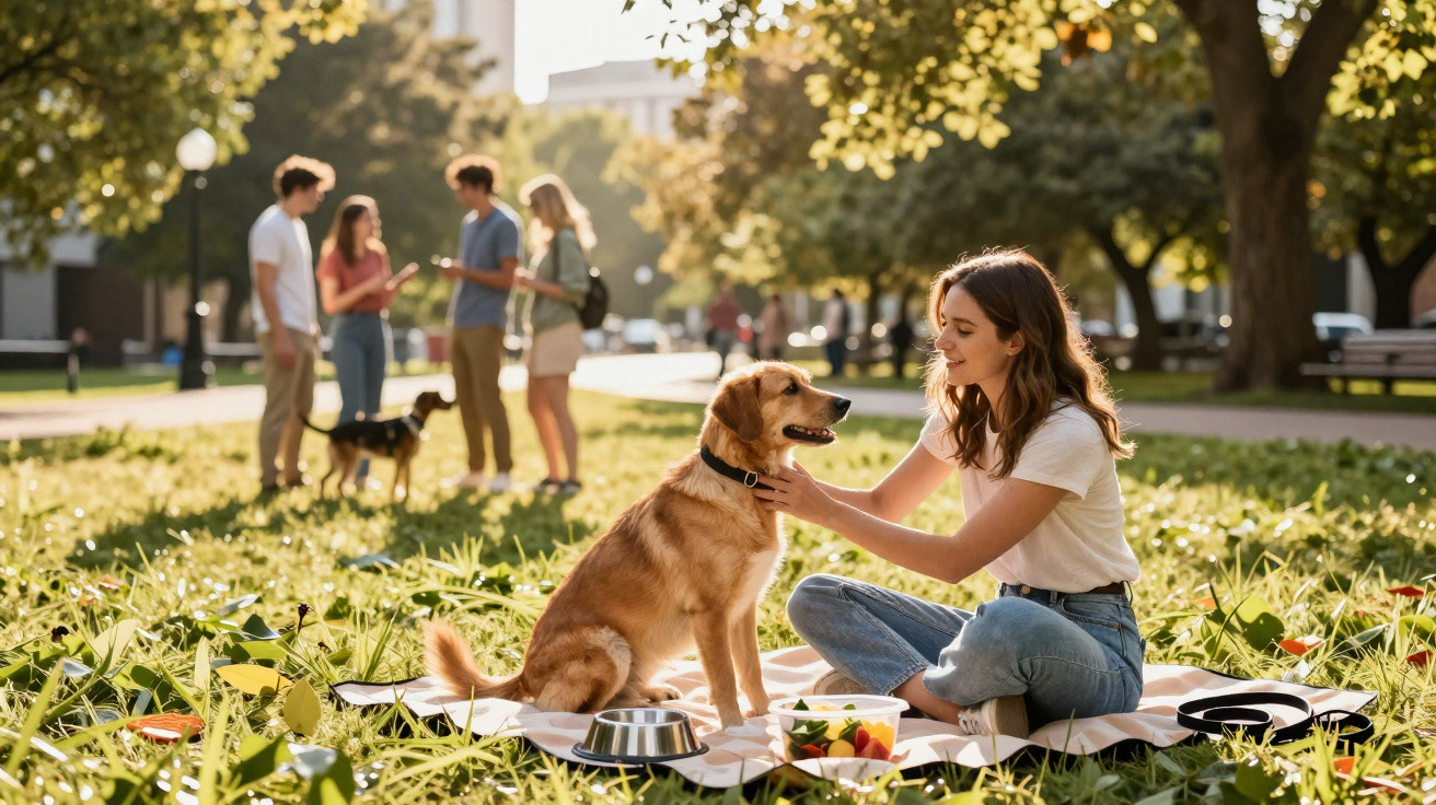 Woman sitting on picnic blanket petting a golden retriever in a sunny park with people in the background.