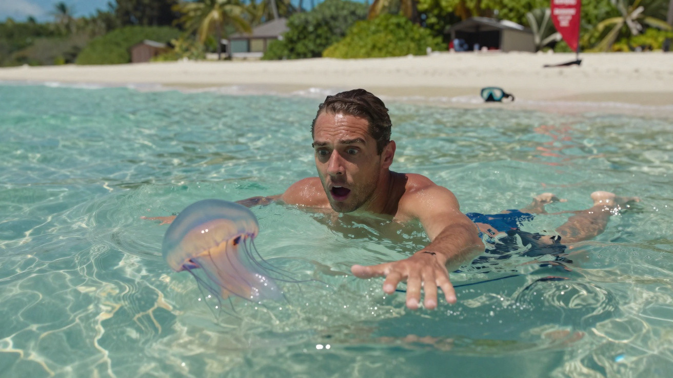 Man swimming in clear tropical water reaching out towards a floating jellyfish near a sandy beach.