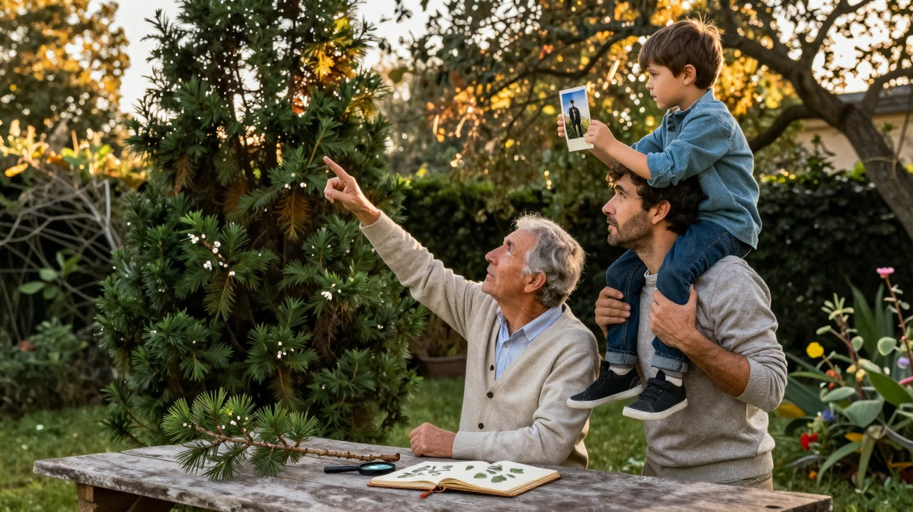Older man pointing at tree while younger man holds child on his shoulders in garden with book and magnifying glass on table