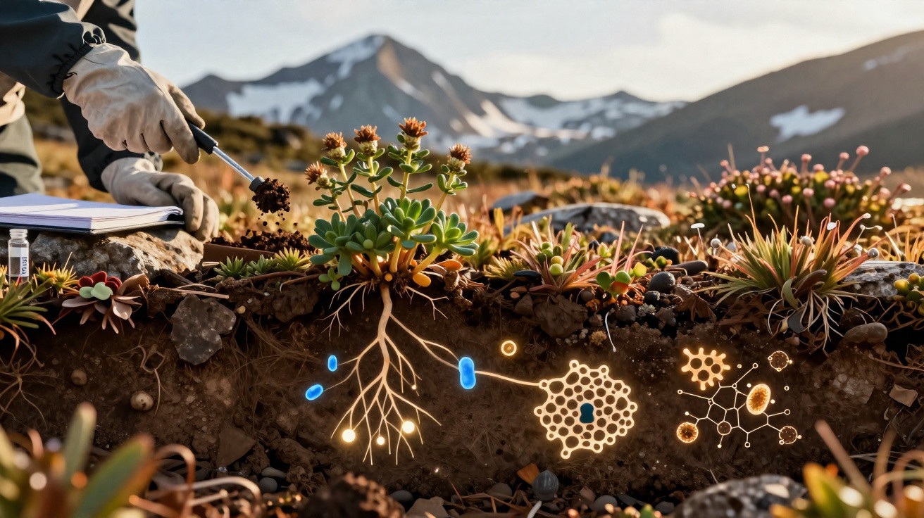 Scientist examining soil and plant roots in mountainous terrain with digital microbes and roots illustration.
