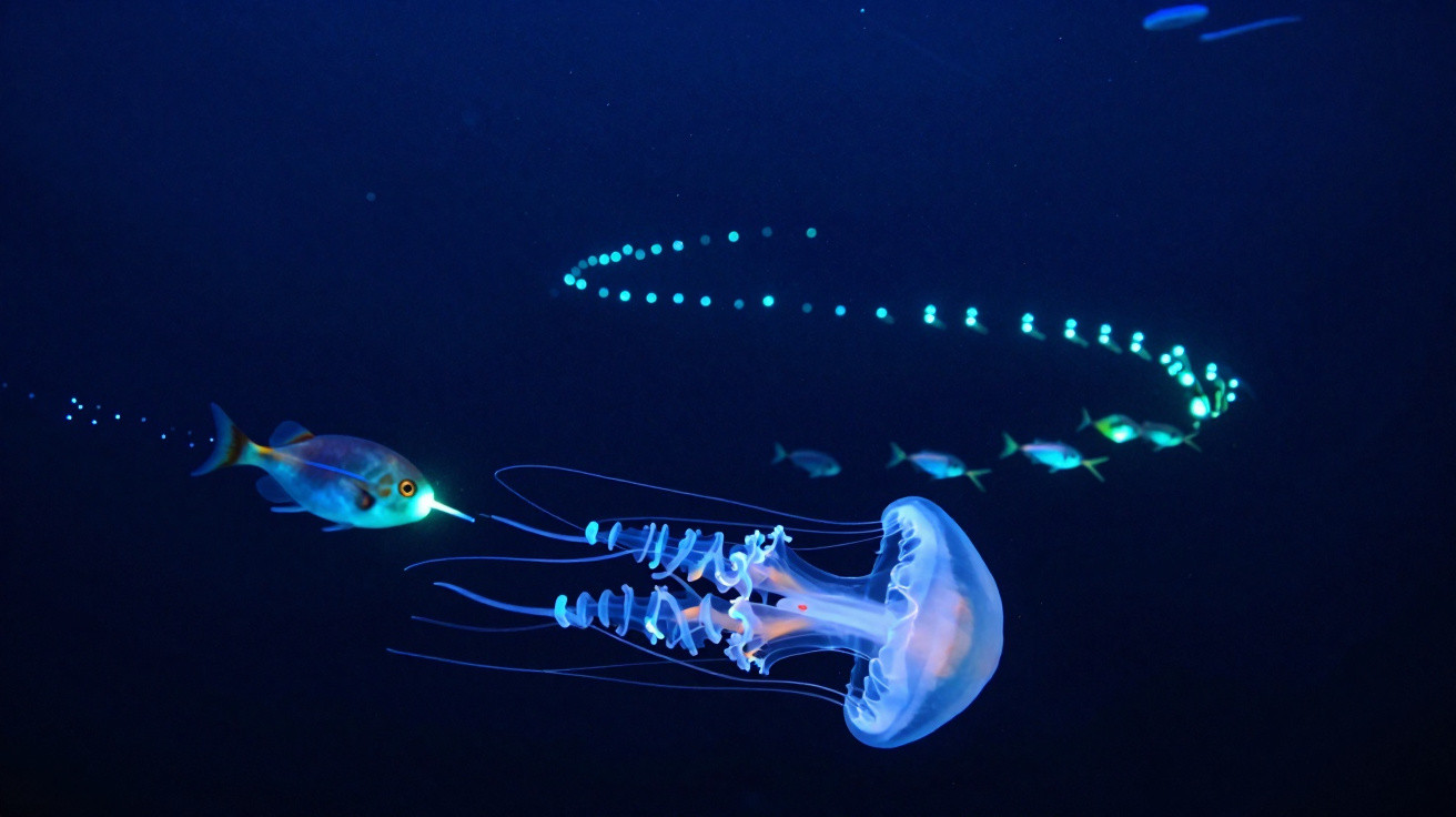 A bioluminescent fish emitting light near a glowing jellyfish in dark ocean water with light trail in background.