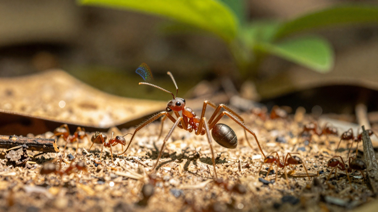 Close-up of a large ant surrounded by smaller ants on sandy ground with blurred green leaves in background.