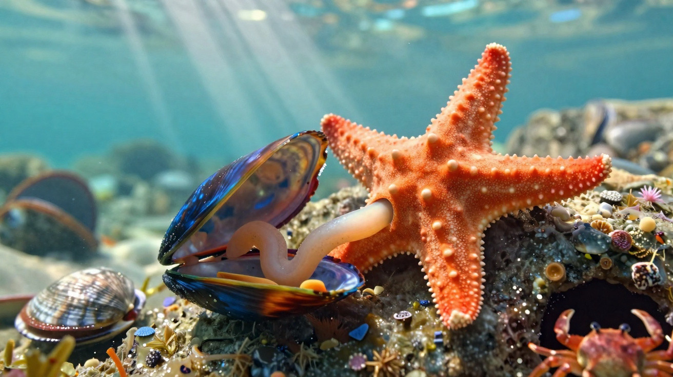 Underwater scene showing a starfish next to an open mussel with a worm inside on the ocean floor.