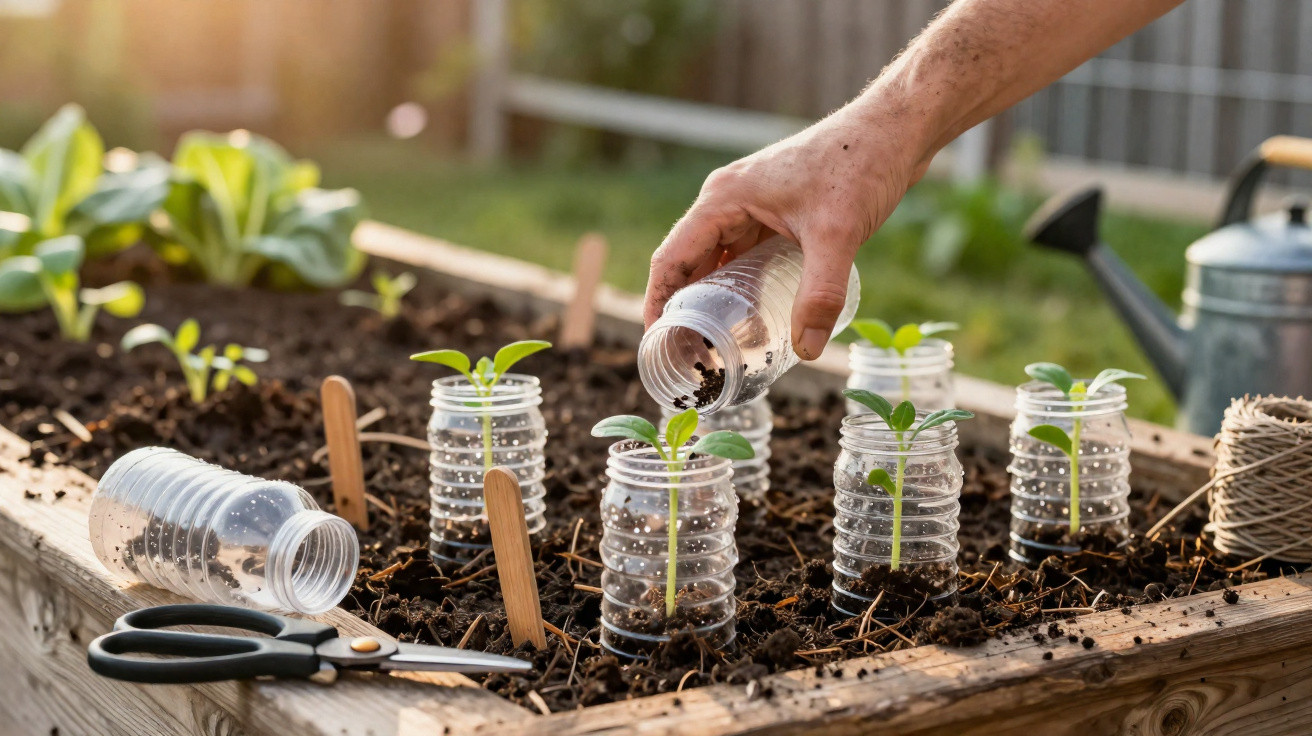 Hand pouring soil into plastic bottles used as pots for young seedlings in a raised garden bed.