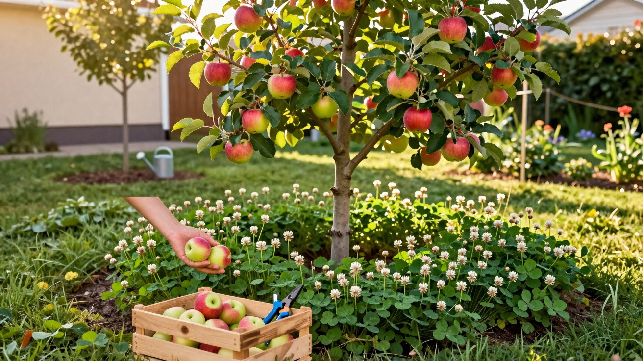 Hand picking ripe red apples from a tree into a wooden crate in a sunny garden.