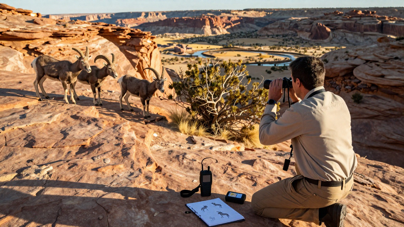 Man observing and photographing two desert bighorn sheep on rocky terrain in a canyon landscape.
