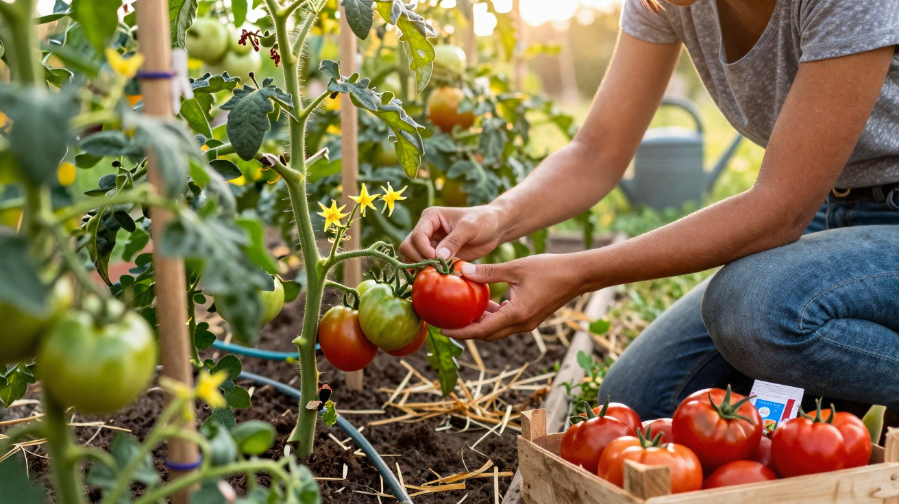 Person harvesting ripe red tomatoes from a home garden in the sunlight with a crate of tomatoes nearby.