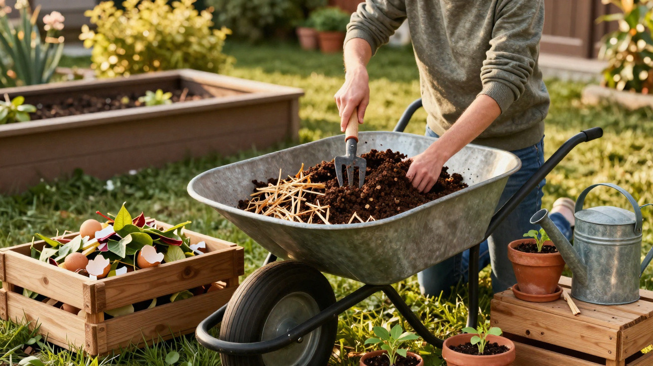 Person mixing compost with hand fork in a wheelbarrow in a sunny garden setting.