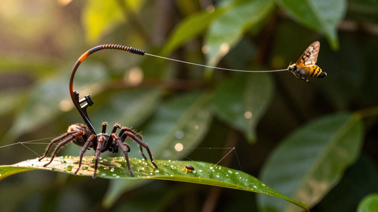A spider with an elongated tail catches a moth mid-air on a green leaf with blurred foliage background.