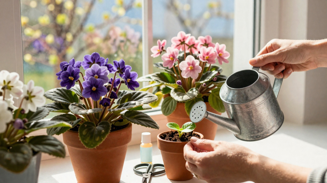 Hands watering a small plant in a pot on a windowsill surrounded by flowering African violets.