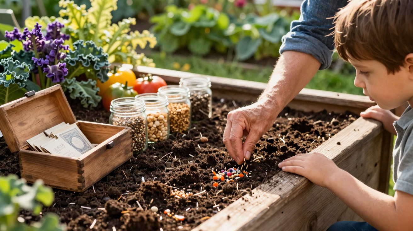 An adult and child planting a variety of seeds in a raised garden bed outdoors.