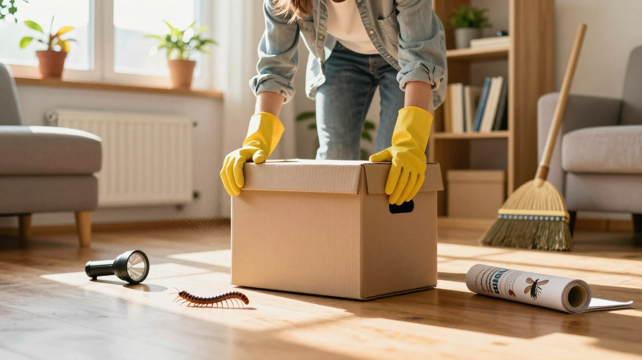 Person wearing yellow gloves handling a cardboard box near a centipede, flashlight, and broom on wooden floor