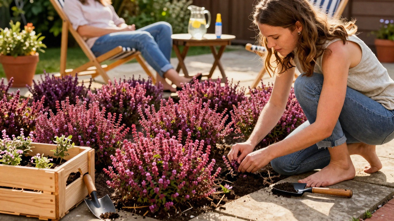 Woman gardening barefoot in a patio flowerbed with purple heather while another sits nearby in a deck chair.