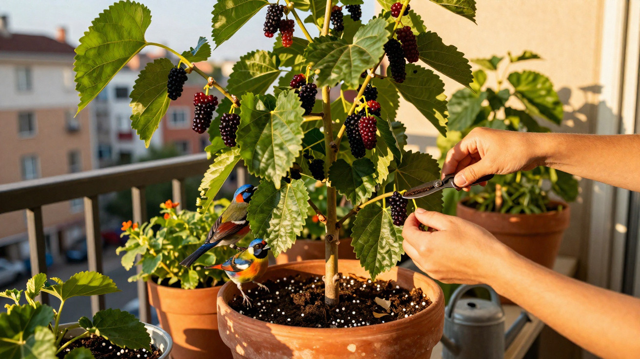 Hands picking ripe mulberries from a potted mulberry tree on a sunny balcony with two colourful birds nearby.
