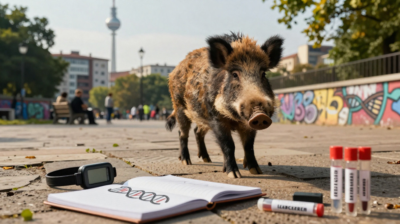 A wild boar stands on a city pavement near an open notebook with a DNA sketch and blood sample tubes.