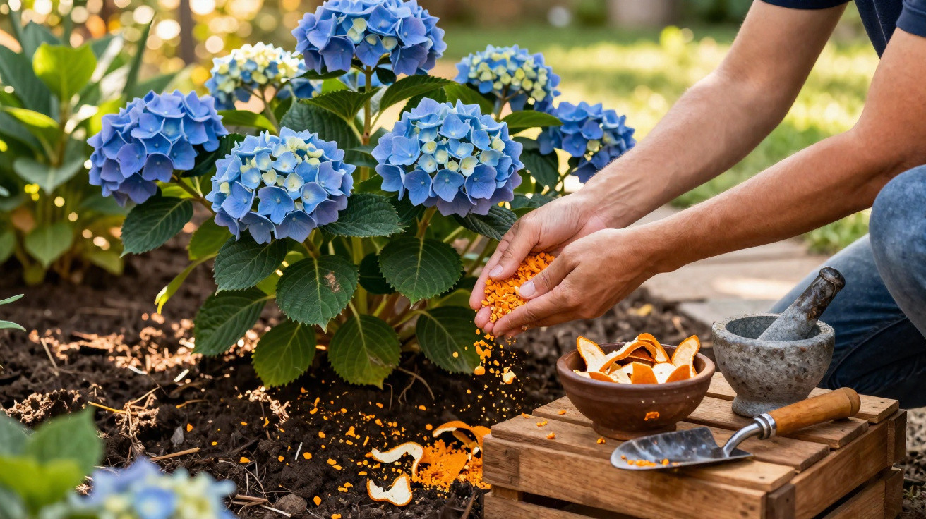 Person fertilising blue hydrangea plants in a garden using organic orange granular fertiliser next to a wooden crate.