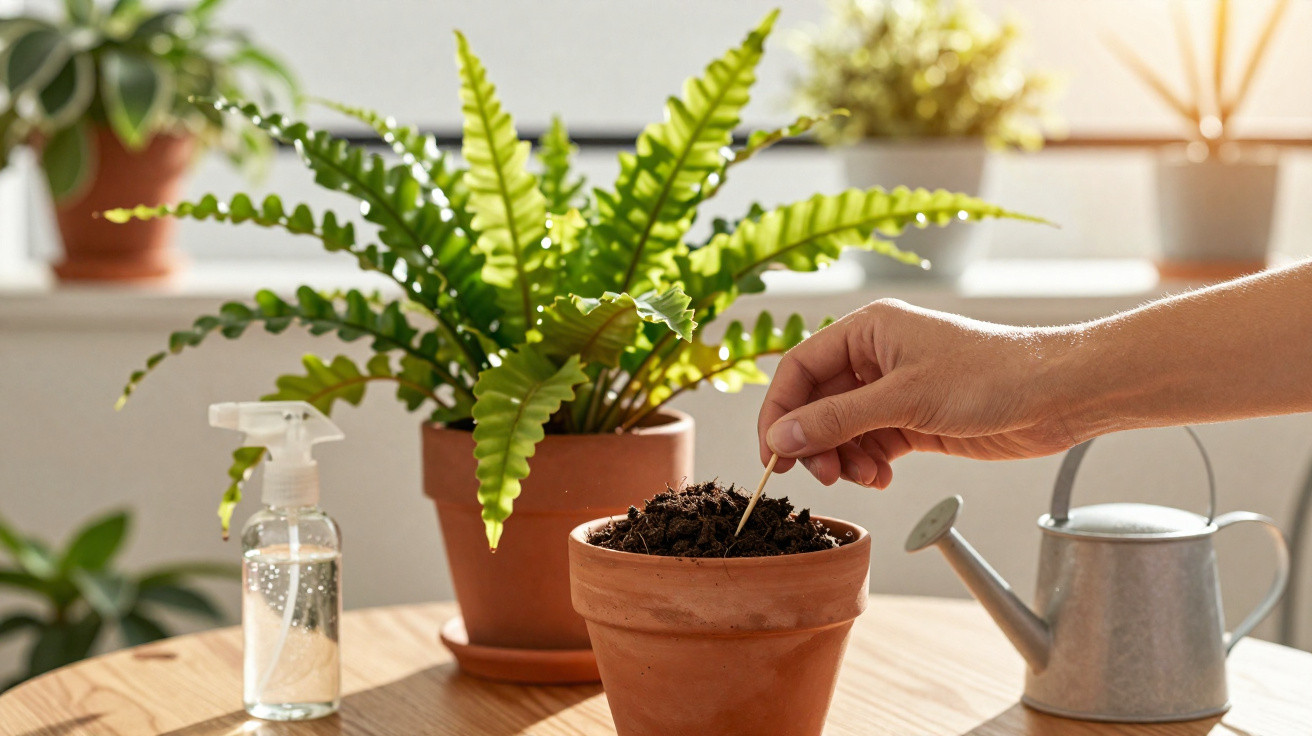 Hand planting seed in soil of terracotta pot on wooden table with watering can and plants in sunlight.