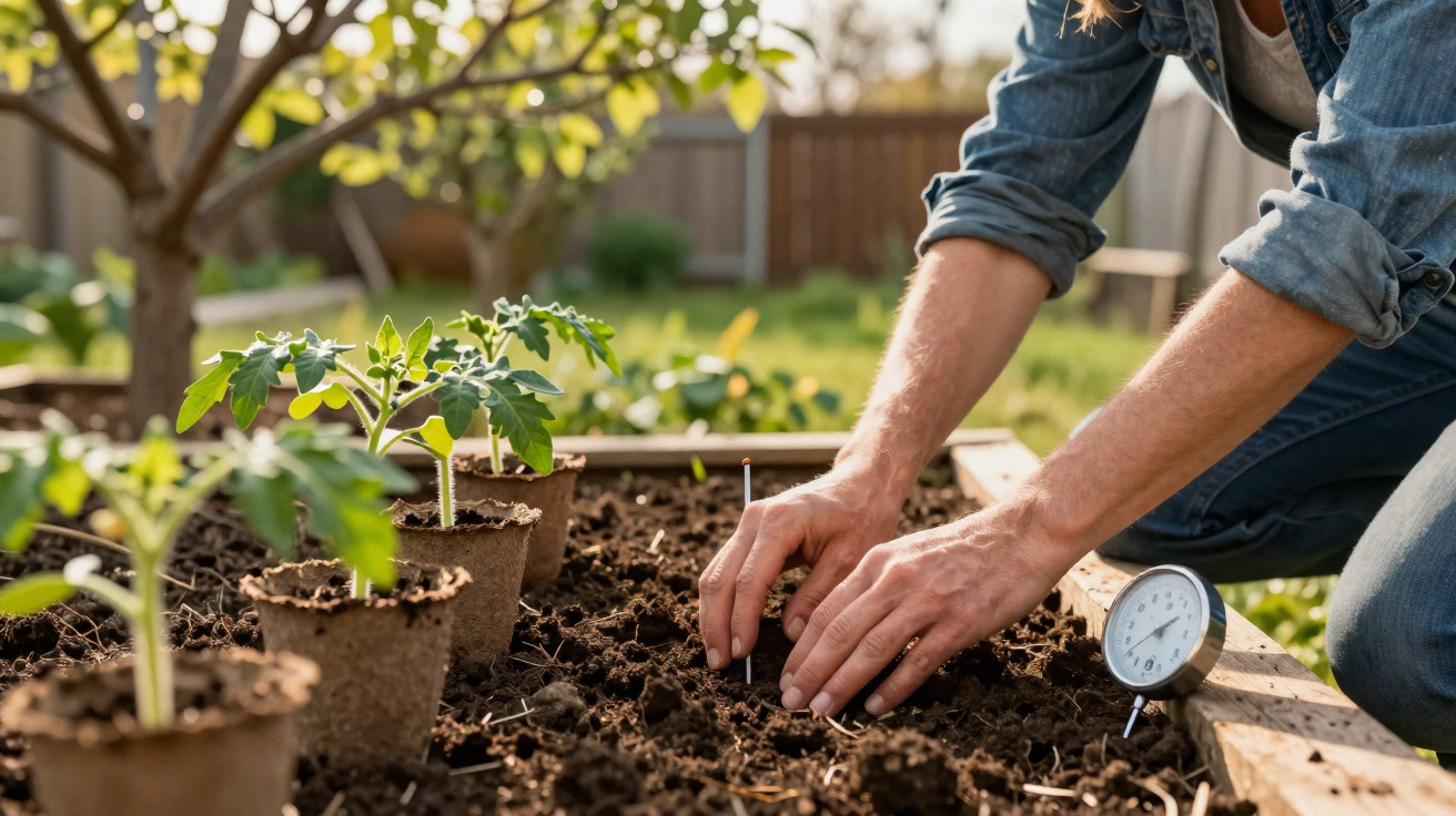 Person planting seedlings in soil in a garden bed with a gardening thermometer nearby on a sunny day.