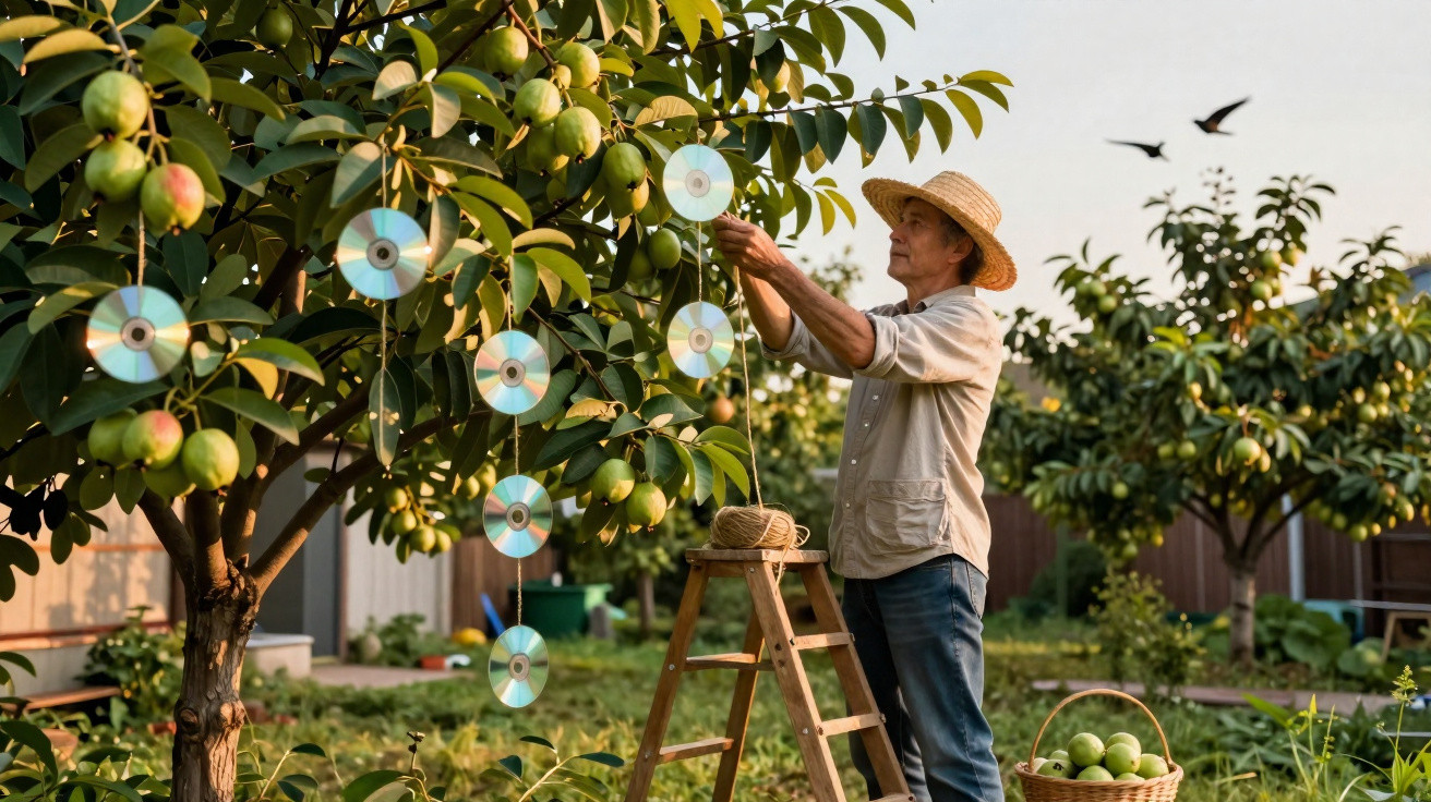 Man hanging CDs on a fruit tree in a garden, with a basket of green apples nearby and birds flying above.