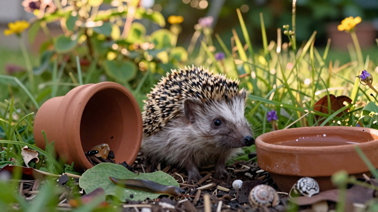 Hedgehog next to overturned and upright terracotta pots in a garden with flowers and grass.