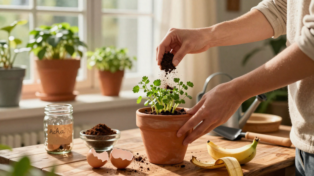 Person adding soil to a potted herb plant on a wooden table with banana peel and eggshells nearby.